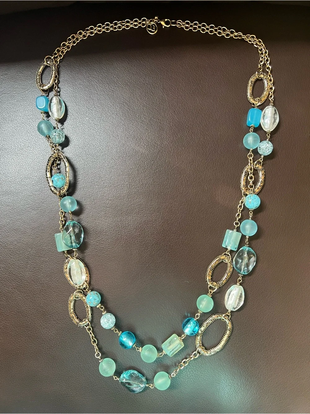 Erica Lyons Necklace Multi-layered Gold-Tone Chain with Blue Aqua Beads 36”